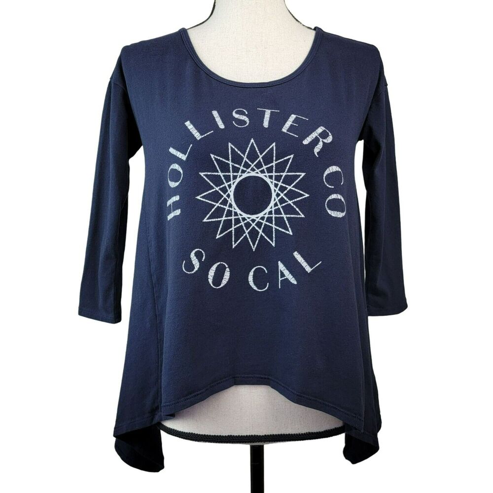 Hollister Sharkbite Top Juniors Sz XS‎ Navy Blue Logo 3/4 Sleeve Knit Shirt